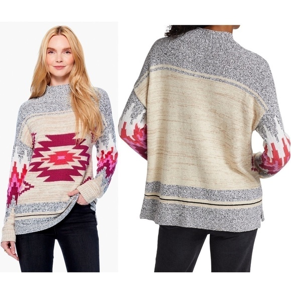 NWT NIC + ZOE Aztec Southwestern Striped Knit Mock Turtleneck Pullover Sweater M - Picture 7 of 13
